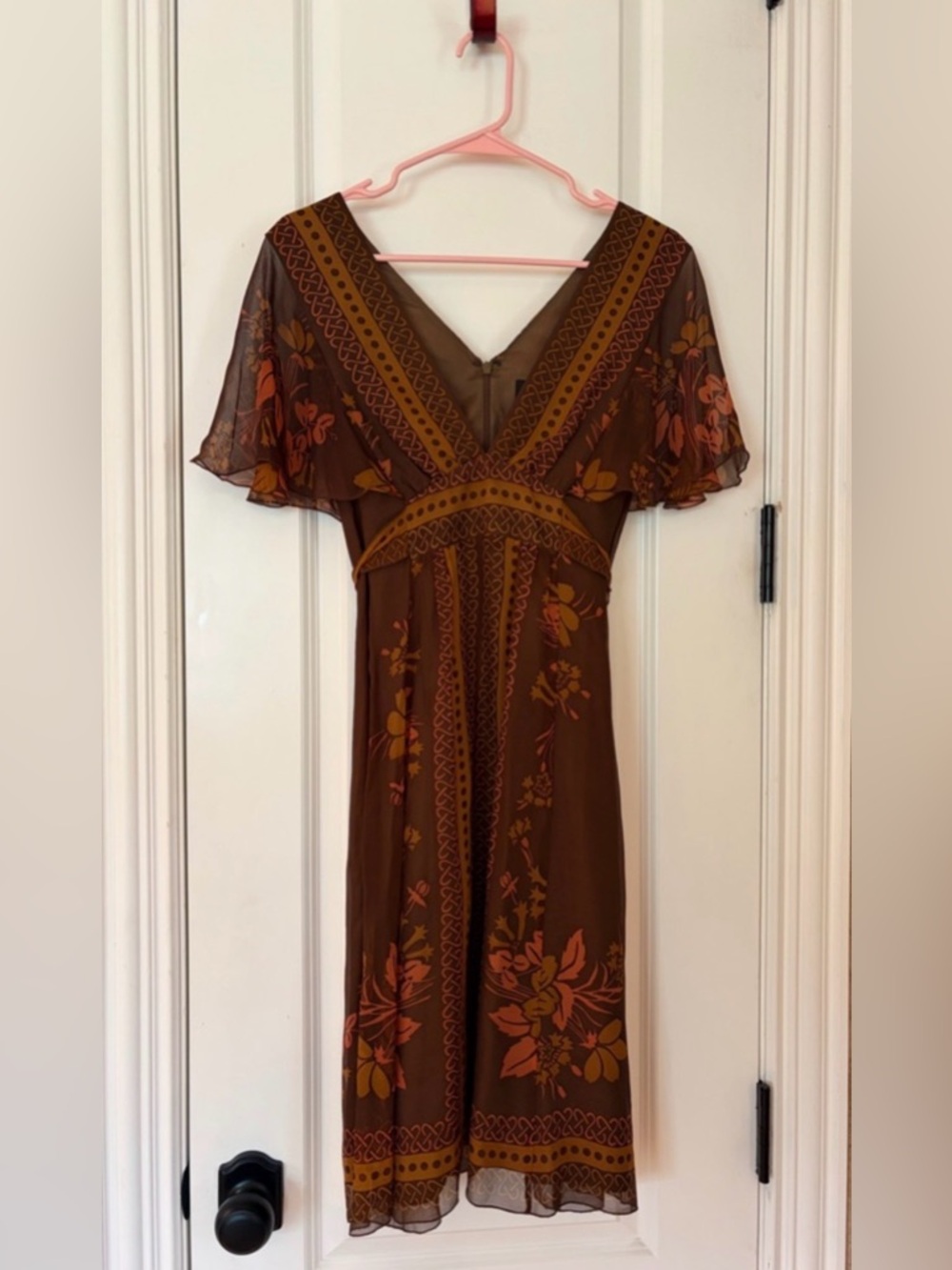Anna Sui Anthropologie Silk Boho Floral Midi Dress with V-Neck V-Back Size 6